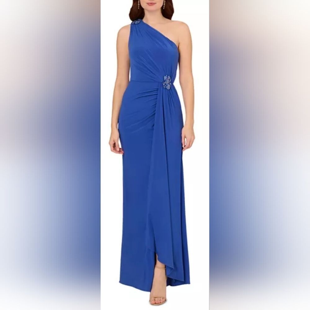 Adrianna Papell Petite One Shoulder Embellished Gown NWT Size 6P Sapphire Blue